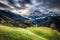 Cloudy sunrise over Dolomites mountains