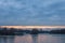 Cloudy sunset over usce, the confluence between the sava and the danube dunav river and the panorama of New Belgrade