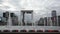 Cloudy view at fountain near La Grande Arche, Paris