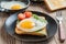 Clouse up view of fried eggs on black plate and pan with fork, mushrooms and rukkola.