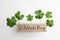 Clover leaves and card with text ST. PATRICK`S DAY on white table, flat lay