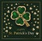 CLOVER SHEET on a green background. JEWELERY. Golden clover. Chic postcard for Saint Patricks Day
