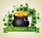 Clovers plants with gold coins inside cauldron