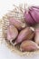 Cloves of garlic on a piece of burlap. White background, close-up