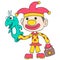 A clown is in action with a comedian carrying a hand puppet is telling a story, doodle icon image kawaii
