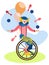 Clown on a bike juggles. In minimalist style Cartoon flat raster