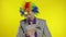 Clown businessman entrepreneur boss in wig waves with money banknotes. Halloween