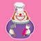 The clown character in the chef s hat holds an axe and a limb.  image