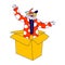 Clown Character Pop Up from Huge Carton Box. Big Top Circus Show Artist, Jester Performer, Entertainer in Funny Costume