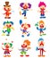 Clown character vector performing different fun activities cartoon illustrations. Clown character funny happy costume