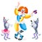 Clown and circus dogs on white background