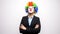 Clown with a colorful wig in business suit