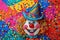 clown and confetti with birthday party hat, in the style of whimsical naive art 1 April Fool`s day concept