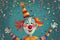 clown and confetti with birthday party hat, in the style of whimsical naive art 1 April Fool`s day concept