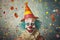 clown and confetti with birthday party hat, in the style of whimsical naive art 1 April Fool`s day concept