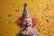 clown and confetti with birthday party hat, in the style of whimsical naive art 1 April Fool`s day concept