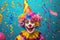 clown and confetti with birthday party hat, in the style of whimsical naive art 1 April Fool`s day concept