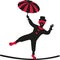 Clown dancing on a tightrope with umbrella