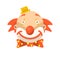 Clown face smile in wig and birthday cap. Vector icon of cartoon circus funny comic man