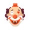 Clown face smile in wig and birthday cap. Vector isolated icon of cartoon circus funny comic man