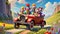 Clown family friends enjoy outdoor travel drive old car