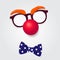 Clown glasses, red nose and bow tie