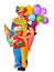 Clown holding cake on birthday with group children.