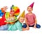 Clown holding cake on birthday with group children.