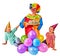 Clown holding cake on birthday with group children.