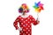 Clown holding a colorful spinning pinwheel