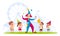 Clown with kids. Cheerful children and funny juggler in carnival costume, cute boys and girls in park or circus