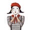 clown mime girl very surprised, watercolor style illustration, funny clipart with cartoon character