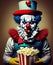 clown with popcorn and a gift