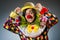 Clown with tulip flowers in funny concept