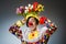 Clown with tulip flowers in funny concept