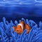 Clownfish among anemone corals in the depths of the sea