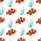 Clownfish with seaweed seamless pattern