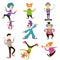 Clowns and mimes in circus making tricks vector cartoon characters isolated icons set