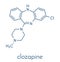 Clozapine atypical antipsychotic drug molecule. Neuroleptic medicine used in treatment of schizophrenia. Skeletal formula.