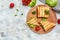 Club sandwich with ham, tomato, cheese and lettuce, Pressed and toasted double quick snack, banner, menu recipe place for text,