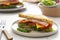 Club sandwich with meat ham, lettuce, cheese. Sandwiches toasted bread. Snack or lunch food