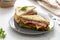 Club sandwich with meat ham, lettuce, cheese. Sandwiches toasted bread. Snack or lunch food