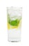 Club soda with lemon and mint on white