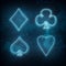 Clubs, Diamonds, Spades, Hearts, neon icons, suit on grunge blue background. Poker. BlackJack Gambling