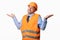 Clueless Builder Worker Shrugging Shoulder Over White Background, Studio Shot