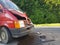 Cluj-Napoca, May, 13, 2017 Red van with front damaged as an result of accident. Front bumper, hood, headlight, mask, grill damaged