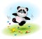 A clumsy and sad bear of a panda falls slipping on a garbage. Vector.