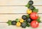 Cluster of beautiful decorative pumpkins on a vintage table