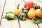 Cluster of beautiful decorative pumpkins on a vintage table