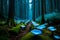 A cluster of bioluminescent mushrooms lighting up a dark, ancient forest with an otherworldly glow